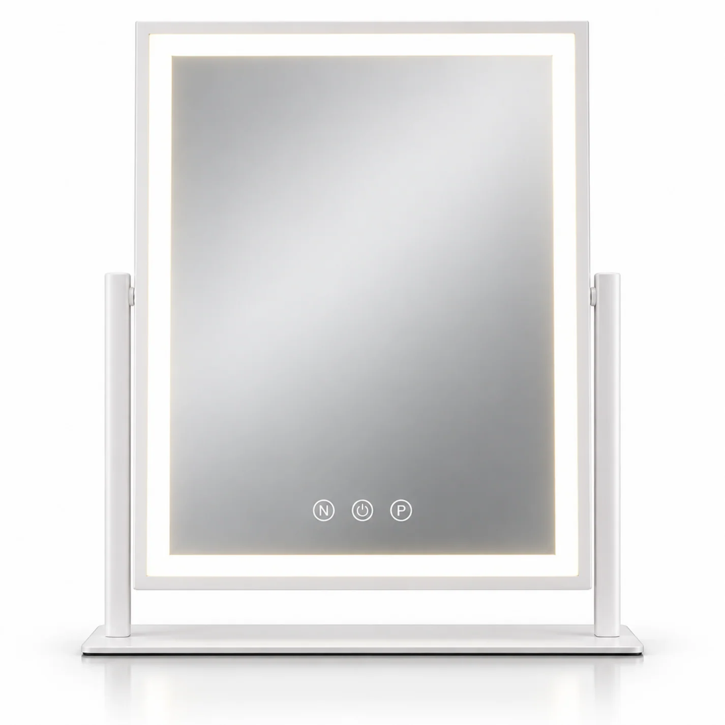 White LED vanity mirror with warm, daylight and cool light modes and adjustable stand