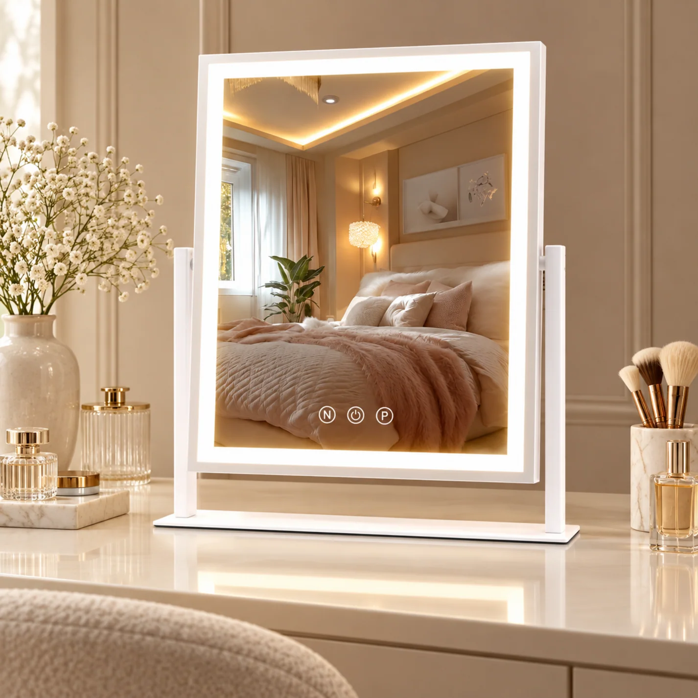 Dressing table setup with illuminated mirror