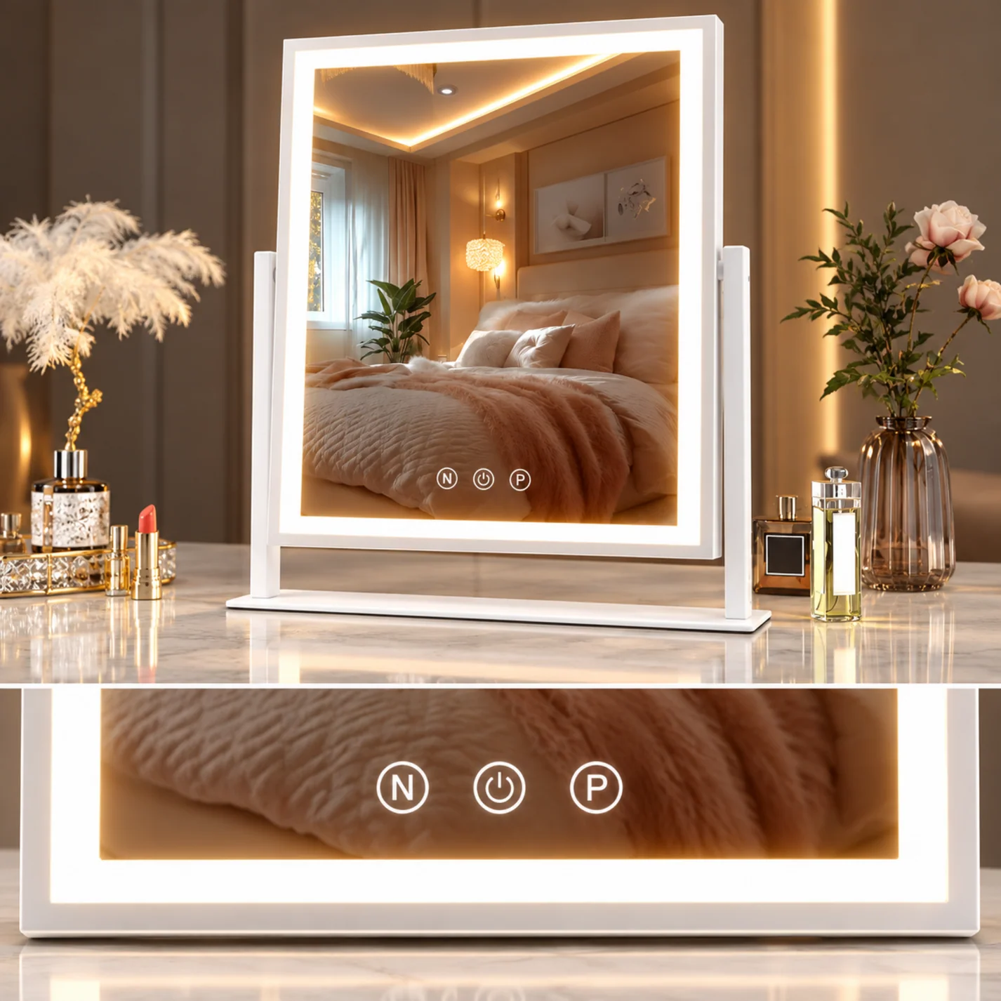Mirror displaying different lighting temperatures